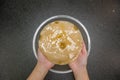 Hand holding kombucha scoby tea mushroom against stone background with bowl