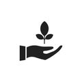 Hand holding leaf icon. Brunch tree and human arm black outline. Royalty Free Stock Photo