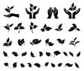 Hand holding leaves. Leaf icons set. Concept environmental conservation, nature protection, ecology.