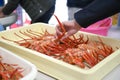 A hand holding a leg of Japanese crabs on a tray Royalty Free Stock Photo