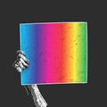 Hand holding LGBT gay pride banner. White with rainbow color sketch on black background, Hand drawn