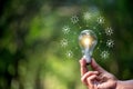 Hand holding light bulb against nature on green leaf with icons energy sources for renewable, sustainable development. saving Royalty Free Stock Photo