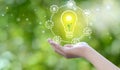 Hand holding light bulb against with plant germinate and icons energy sources for renewable, sustainable development. Energy Royalty Free Stock Photo