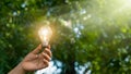 .Hand holding light bulb bright light on green nature background, Ecology, Earth day, energy for renewable, sustainable