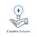 Hand holding light bulb, creative solution, innovation idea