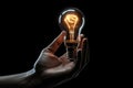 Hand holding light bulb on dark background. Idea and innovation concept, Robot hand holding glowing light bulb on Black background Royalty Free Stock Photo