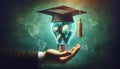 Hand holding light bulb with the earth inside and graduation cap on top. Concept Education& x27;s Role in Global Issues