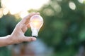 Hand holding light bulb,energy sources for renewable,natural energy concept Royalty Free Stock Photo