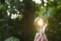Hand holding light bulb in garden green nature background. Royalty Free Stock Photo