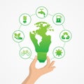 hand holding light bulb with icons ecology. save energy and environment concept. isolated on white background. vector illustration Royalty Free Stock Photo