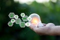 Hand holding light bulb with icons energy sources for renewable,love the world concept Royalty Free Stock Photo