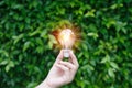 Hand holding Light bulb with light flare green nature background. Royalty Free Stock Photo