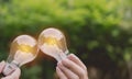 Hand holding light bulbs with glowing on nature background. Idea, creativity and saving energy with light bulbs Royalty Free Stock Photo