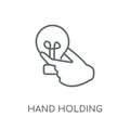 hand holding Lightbulb linear icon. Modern outline hand holding