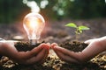 hand holding lightbulb with small tree. concept energy