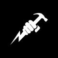 Hand holding lightning bolt and hammer icon. Power fist. Electric energy