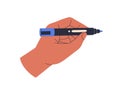 Hand holding liner. Artists arm drawing with felt-tip pen. Fingers with painting tool, instrument for handwriting, side Royalty Free Stock Photo