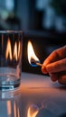 Hand Holding Lit Matchstick Over Glass Surface Against Dark Background Royalty Free Stock Photo