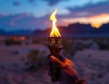 Hand holding a lit torch against twilight desert landscape Royalty Free Stock Photo