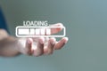Hand holding loading bar icons. communication digital data transfer. sending message online search social networks. connect server