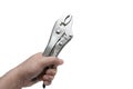 Hand holding locking pliers or vise grips on white backdrop. Automotive industry. Royalty Free Stock Photo