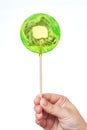 Hand holding lollipop kiwi fruit