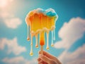 a hand holding a lollipop with melted yellow and blue icing. generative ai