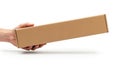 Hand holding long cardboard box isolated on white background Royalty Free Stock Photo