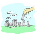 Hand holding long stone on stonehenge illustration vector hand drawn isolated on white background line art