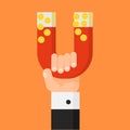 Hand holding magnet. Attraction money. Businessman. Flat style. Earn money. Profit, income. Cartoon design
