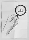 Hand holding magnifier glass looking for employee