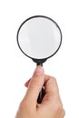 Hand holding magnifier isolated white background.