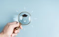 Hand holding magnifier with lightbulb graduation hat inside, Education course degree concept, Internet education course degree, Royalty Free Stock Photo