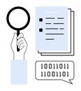 Hand Holding Magnifying Glass Analyzing Documents with Binary Code in Speech Bubble Royalty Free Stock Photo
