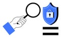 Hand with Magnifying Glass Examining Blue Shield with Lock, Symbolizing Security and Investigation Royalty Free Stock Photo