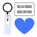 Hand Holding Magnifying Glass, Binary Code Rectangle, and Blue Heart Illustration Royalty Free Stock Photo