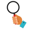 Hand holding magnifying glass cartoon flat vector illustration concept on isolated white background Royalty Free Stock Photo