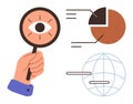 Hand holding magnifying glass examining data charts and global network connections Royalty Free Stock Photo