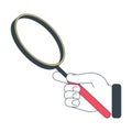 Hand holding magnifying glass flat line concept vector spot illustration Royalty Free Stock Photo