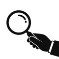 Hand Holding Magnifying Glass Icon. Black Silhouette Isolated On White. Vector Flat Illustration. Search Concept