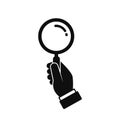 Hand Holding Magnifying Glass Icon. Black Silhouette Isolated On White. Vector Flat Illustration. Search Concept