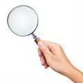 Hand holding magnifying glass isolated on white Royalty Free Stock Photo