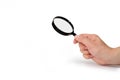 Hand holding magnifying glass isolated on white background Royalty Free Stock Photo