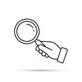 Hand Holding Magnifying Glass Line Icon. Black Silhouette Isolated On White. Vector Flat Illustration. Search Concept