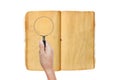 Hand holding Magnifying glass on old book against white background Royalty Free Stock Photo
