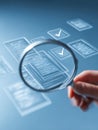 Hand holding magnifying glass over digital checklist with highlighted checkmarks representing thorough document review and quality Royalty Free Stock Photo