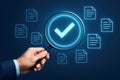 Hand holding magnifying glass over glowing checkmark and documents file search Royalty Free Stock Photo