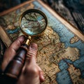 Hand holding a magnifying glass over a map