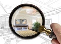 Hand Holding Magnifying Glass Revealing Finished Master Bedroom Over Drawing