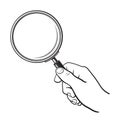 Hand holding magnifying glass. Search and analysis concept. Black and white sketch. Hand drawn vector illustration